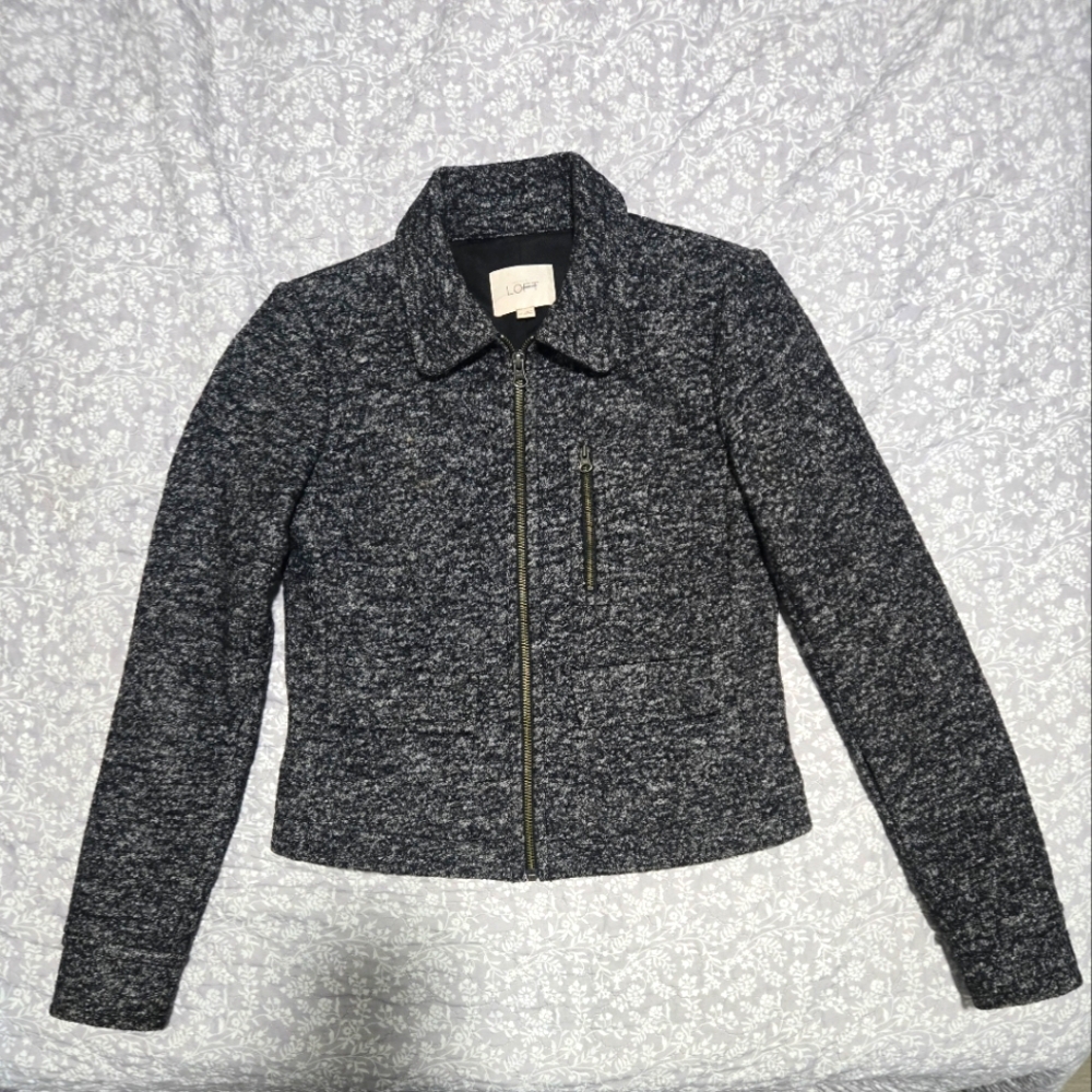 Ann Taylor LOFT Charcoal Marled Full Zip Long Sleeve Wool Blend Short Jacket XS